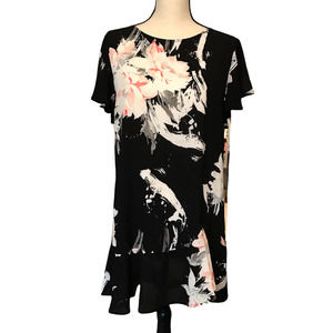 Leith Black, White and Pink Floral Dress with Ruffle Hem, Size Small